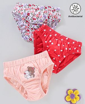 Babyhug 100% Cotton Antibacterial Panties Heart Print Pack of 3 - Multicolour