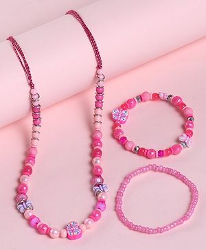Babyhug  Butterfly Bead Pearl Neck Piece & Bracelets - Pink