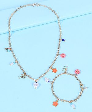 Pine Kids Free Size Necklace & Bracelet Set With Floral Detailing- Multicolor