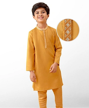 Earthy Touch Woven Full Sleeves Solid Kurta & Pajama Set - Mustard