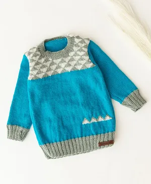 The Original Knit Unisex Handmade Full Sleeves Color Block Design Pull Over Sweater - Blue & Grey