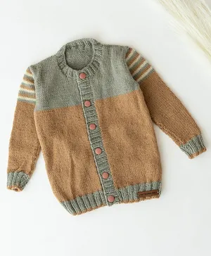 The Original Knit Unisex Handmade Full Sleeves Color Block Design Front Button Up Sweater - Beige & Grey