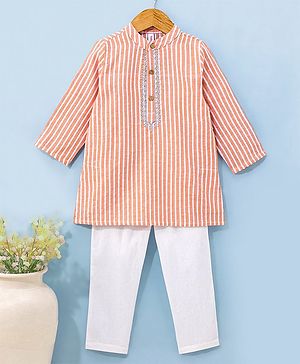 Babyhug 100% Cotton Full Sleeves Kurta With Payjama Set Striped - Orange