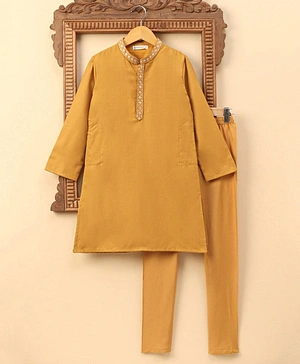 Earthy Touch Woven Full Sleeves Solid Kurta & Pajama Set - Mustard