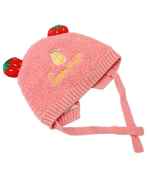 Kid-O-World Strawberry Patch Detail Soft Plush Cap With Strings - Peach