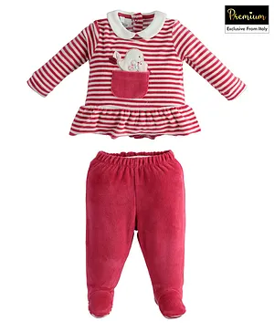 iDO Italy Velvet Full Sleeves Striped Top and Footed Legging - Red