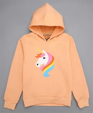 Little Jump Full Sleeves Unicorn Printed Fleece Hoodie - Peach