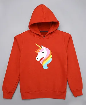 Little Jump Full Sleeves Unicorn Printed Fleece Hoodie - Red