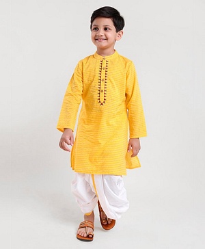 Babyhug Three Fourth Sleeve Handloom Stripe Kurta With Solid Dhoti - Yellow