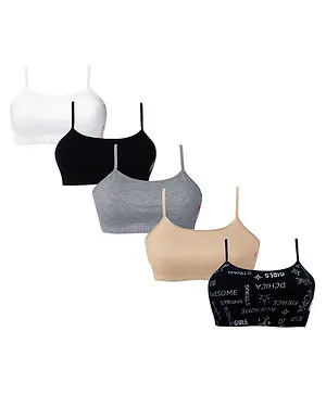 D'chica Pack Of 5 Beginners Non Padded Non Wired  Solid & Metallic Text Printed Bras - Multi Colour