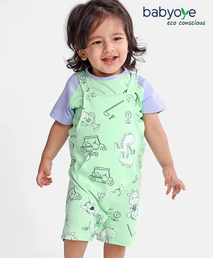 Babyoye 100% Cotton With Eco Jiva Finish Half Sleeves Tee & Dungaree Set Tiger & Dino Print- Green