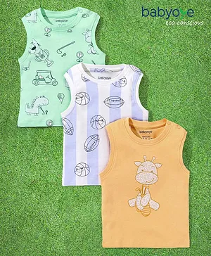 Babyoye 100% Cotton with Eco Jiva Finish Sleeveless T-Shirts Dino Print Pack Of 3 - Green Brown