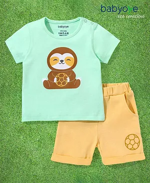 Babyoye Eco-Conscious 100% Cotton with Eco Jiva Finish Half Sleeves T-shirt and Shorts Set Sloth Bear Print- Green