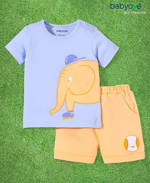 Babyoye 100% Cotton with Eco Jiva Finish Half Sleeves T-Shirt and Shorts Elephant Patch - Blue & Peach