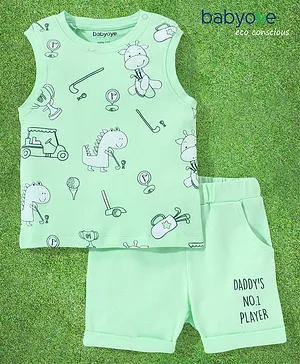 Babyoye Eco-Conscious 100% Cotton with Eco Jiva Finish Sleeveless T Shirt and Shorts Set Dino Print - Green