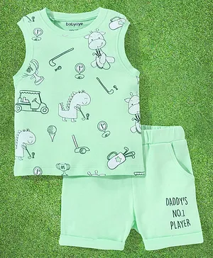 Babyoye 100% Cotton with Eco Jiva Finish Sleeveless T-Shirt and Shorts Set Dino Print - Green