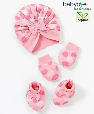 Babyoye Organic Cotton Eco Conscious Cap Mittens Booties Set Dot Print Pink - Circumference 11.5 cm