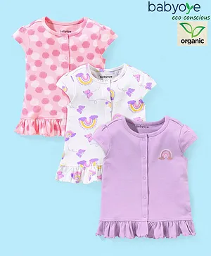 Babyoye Organic Cotton Eco Conscious Cap Sleeves Set of Vests Rainbow Print Pack of 3 - Purple White & Pink