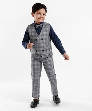 Babyhug Lycra Blend Full Sleeves Checked Party Suit- Grey & Dark Blue