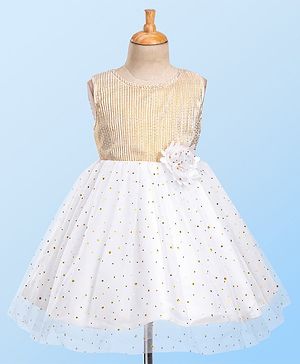 Babyhug Sleeveless Sequin Embellished Woven Party Dress with Floral Corsage - Gold & Off-White