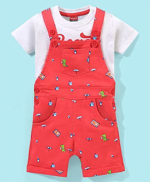 Babyhug Cotton Knit Half Sleeves Text Printed T-Shirt and Dungaree Set Beach Print - White & Red