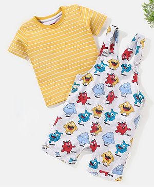 Babyhug Cotton Monster Printed Dungaree and Half Sleeves Stripes T-Shirt Set - Orange