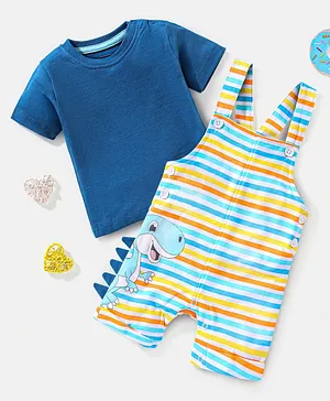 Babyhug Cotton Half Sleeves Tee & Dungaree Set With Applique Stripes & Dino Print- Blue & Yellow