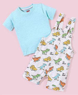 Babyhug Cotton Dungaree and Half Sleeves T-Shirt Set Dino Print - Light Blue White