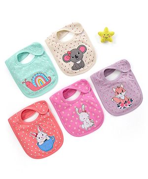 Babyhug Bib Velcro Closure  Animal Print Pack of 5 - Multicolour