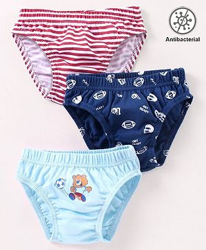Babyhug 100% Cotton Antibacterial Briefs Stripes & Bear Print Pack of 3 - Blue & Red