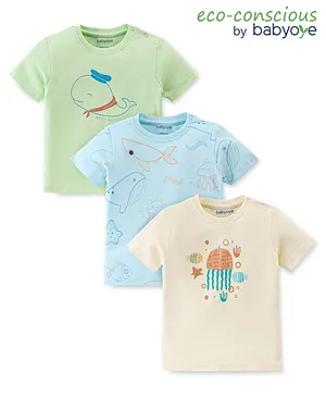 Babyoye 100% Cotton With Eco Jiva Finish Half Sleeves T-Shirt Marine Life Print Pack Of 3 - Blue & Green