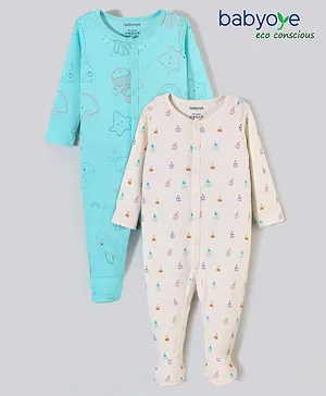 Babyoye 100% Cotton With Eco Jiva Finish Full Sleeves Sleep Suits Boat Print Pack of 2 - Blue & Cream