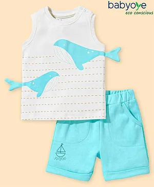 Babyoye 100% Cotton with Eco Jiva Finish Half Sleeves Tshirt and Shorts Set Whale Print - Blue & White