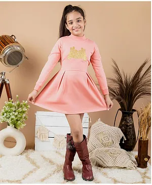 Kids Cave 100% Polyester Full Sleeves Glitter Finish Placement Printed Fit & Flare Dress - Pink