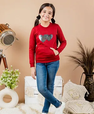 Kids Cave 100% Polyester Full Sleeves Heart Printed Front Pocket Sweatshirt - Maroon