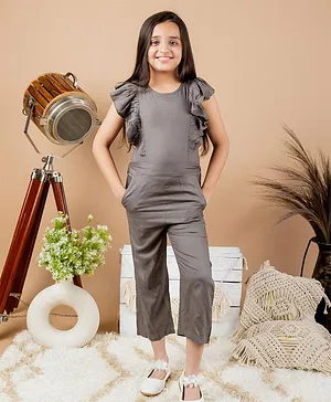 Kids Cave 100% Rayon Short Frill Sleeves Flounce Detailed Bodice Solid Jumpsuit - Grey