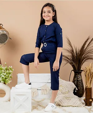 Kids Cave Three Fourth Sleeves Solid Button Down Jumpsuit - Blue