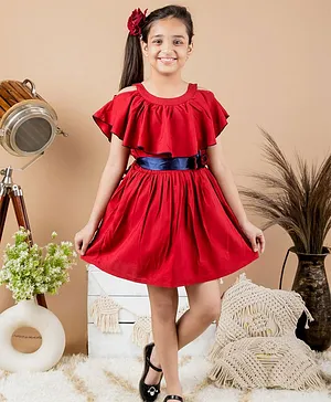 Kids Cave Half Cold Shoulder Sleeves Frill Detailed Fit & Flare Dress With Flower Applique - Red