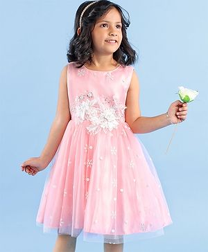 Babyhug Sleeveless Party Wear Frock with Floral Applique - Pink