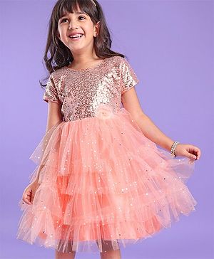 Babyhug Woven Half Sleeves Party Dress with Net & Sequin Embellished - Peach