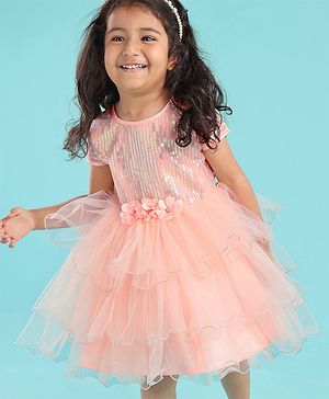Babyhug Woven Sleeveless Party Dress with Sequin Yoke & Bow Applique - Peach