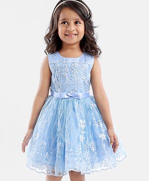 Babyhug Sleeveless Embroidered Party Frock with Bow - Blue