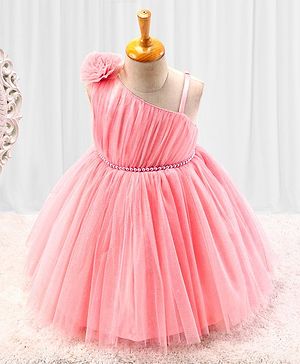 Babyhug Sleeveless Glitter & Pearl Embellished Woven Party Dress with Floral Corsage - Peach