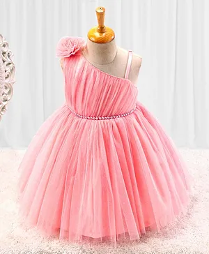 Babyhug Sleeveless Glitter & Pearl Embellished Woven Party Dress with Floral Corsage - Peach