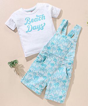 Babyhug 100% Cotton Dungaree and Half Sleeves T-Shirt Set Pine Tree Print - Blue White