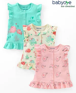 Babyoye Eco Conscious Cotton with Eco Jiva Finish Short Sleeves Vests Fish Print Pack of 3 - Green & Peach
