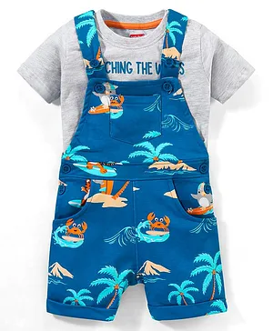Babyhug Cotton Knit Half Sleeves Text Print T-Shirt and Dungaree Set Crab Print - Grey & Blue