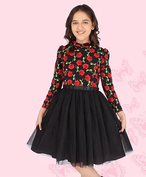 Cutecumber Full Sleeves Floral All Over Printed Bodice With Solid Net Flare Party Wear Dress - Black & Red