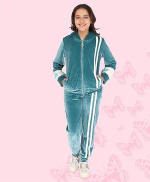 Cutecumber Chenille & Fur Striped Full Sleeves Winter Track Suit - Green