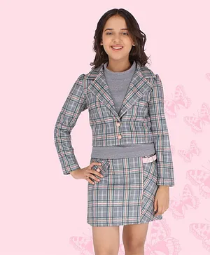 Cutecumber Suede Checked Full Sleeves Party Wear Skirt Set - Grey